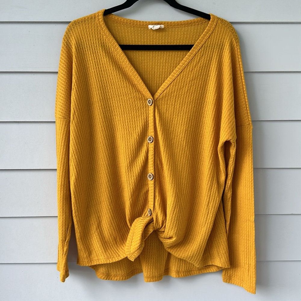 ☀️BOGO Item BiBi Mustard Knot Front Thermal Knit Long Sleeve Shirt☀️